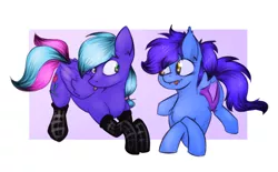 Size: 1280x796 | Tagged: safe, artist:marsminer, derpibooru import, oc, oc:cloud icicle, oc:evening lily, unofficial characters only, bat pony, pegasus, pony, clothes, cute, duo, socks