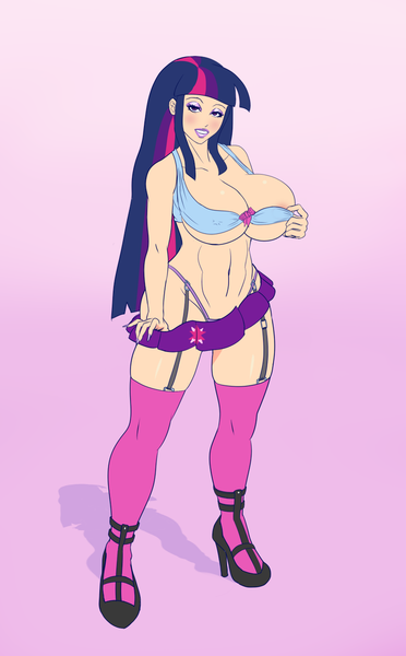 Size: 815x1316 | Tagged: questionable, artist:annon, derpibooru import, twilight sparkle, human, equestria girls, areola slip, bedroom eyes, belly button, bimbo, bimbo sparkle, bimboification, blushing, breasts, busty twilight sparkle, cleavage, clothes, eyeshadow, female, front knot midriff, garters, high heels, human coloration, humanized, lipstick, looking at you, makeup, midriff, panties, short skirt, skirt, socks, solo, solo female, thigh highs, thong, underwear