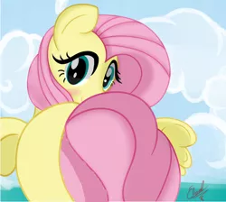 Size: 690x618 | Tagged: 1000 hours in ms paint, adorasexy, artist:edgar2225, blushing, colored, color edit, cute, derpibooru import, edit, female, flutterbutt, fluttershy, looking at you, looking back, ms paint, plot, scene interpretation, sexy, shyabetes, smiling, solo, solo female, suggestive, tail extensions