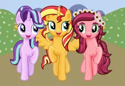 Size: 1294x891 | Tagged: safe, artist:majkashinoda626, derpibooru import, gloriosa daisy, starlight glimmer, sunset shimmer, ponified, alicorn, pony, equestria girls, legend of everfree, alicornified, equestria girls ponified, freckles, happy, looking at each other, open mouth, race swap, raised hoof, reformed, shimmercorn, smiling, spread wings, trio