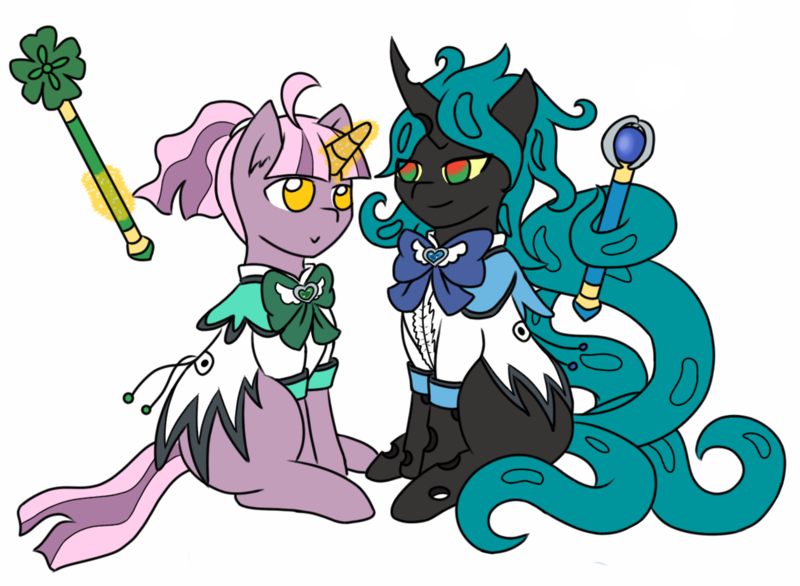 Size: 1259x922 | Tagged: safe, artist:jolliapplegirl, derpibooru import, oc, oc:sirius veil, oc:toxic love, unofficial characters only, changeling, pony, unicorn, anime, best friends, changeling oc, clothes, cosplay, costume, halloween, magical lesbian spawn, next generation, nightmare night, offspring, parent:mane-iac, parent:princess celestia, parent:queen chrysalis, parent:twilight sparkle, parents:mane-salis, parents:twilestia, wands