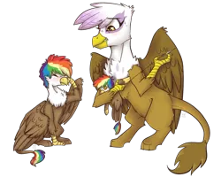 Size: 1280x1024 | Tagged: safe, artist:suenden-hund, derpibooru import, gilda, oc, oc:rainbow feather, gryphon, crying, cute, fledgeling, interspecies offspring, magical lesbian spawn, mother and daughter, next generation, offspring, parent:gilda, parent:rainbow dash, parents:gildash, plushie, rainbow hair, repairing, sad, sewing, sewing needle