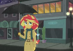 Size: 3884x2736 | Tagged: artist needed, safe, derpibooru import, sunset shimmer, equestria girls, alternate costumes, clothes, night, rain, scarf, solo, streetlight, umbrella