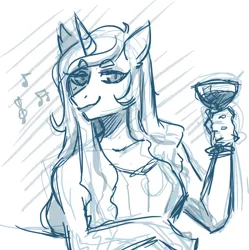 Size: 1280x1285 | Tagged: alcohol, anthro, artist:mscootaloo, asksketchytrixie, derpibooru import, drink, monochrome, music notes, safe, sketch, solo, trixie, wine