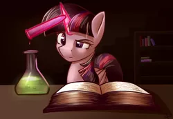 Size: 4300x2975 | Tagged: safe, artist:rubywave32, derpibooru import, twilight sparkle, twilight sparkle (alicorn), alicorn, pony, book, erlenmeyer flask, glowing horn, magic, science, solo, telekinesis