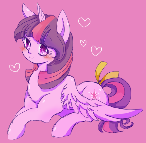 Size: 510x500 | Tagged: safe, artist:tsukuda, derpibooru import, twilight sparkle, twilight sparkle (alicorn), alicorn, pony, blushing, colored pupils, cute, female, heart, looking at you, mare, pixiv, purple background, simple background, smiling, solo, tail bow, twiabetes