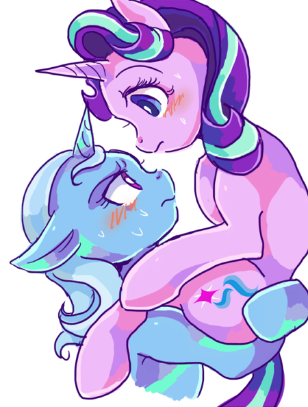 Size: 450x594 | Tagged: safe, artist:tsukuda, derpibooru import, starlight glimmer, trixie, pony, unicorn, blushing, carrying, female, floppy ears, holding, holding a pony, lesbian, lifting, looking at each other, looking down, looking up, mare, pixiv, shipping, simple background, startrix, sweat, white background