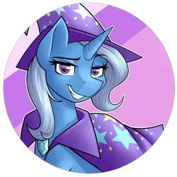 Size: 2800x2800 | Tagged: safe, artist:rubywave32, derpibooru import, trixie, pony, unicorn, button, grin, lidded eyes, looking at you, smiling, smirk, solo