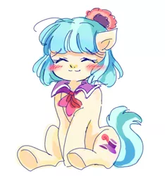 Size: 420x449 | Tagged: safe, artist:tsukuda, derpibooru import, coco pommel, earth pony, pony, blushing, cocobetes, cute, eyes closed, pixiv, simple background, sitting, smiling, solo, white background