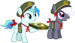 Size: 14988x8562 | Tagged: absurd resolution, artist:cyanlightning, cap, colt, cute, cyan's filly guides, derpibooru import, female, filly, filly guides, hat, i forgot the damn wings again, male, oc, oc:aureai gray, ocbetes, oc:cyan lightning, ribbon, safe, simple background, .svg available, transparent background, unofficial characters only, vector