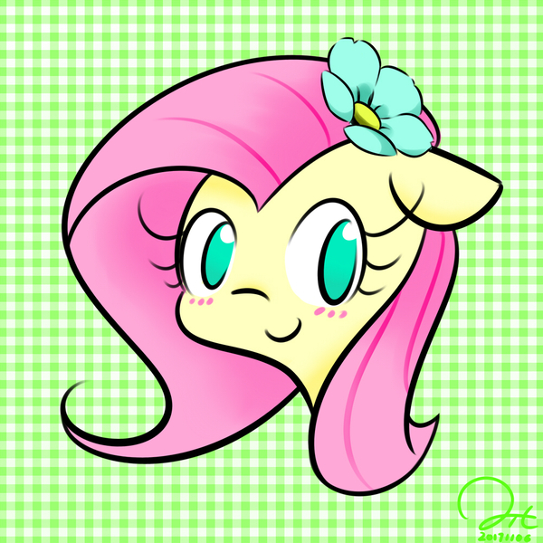 Size: 1000x1000 | Tagged: safe, artist:aitureria, derpibooru import, fluttershy, blushing, cute, flower, head portrait, looking at you, simple background, smiling, solo