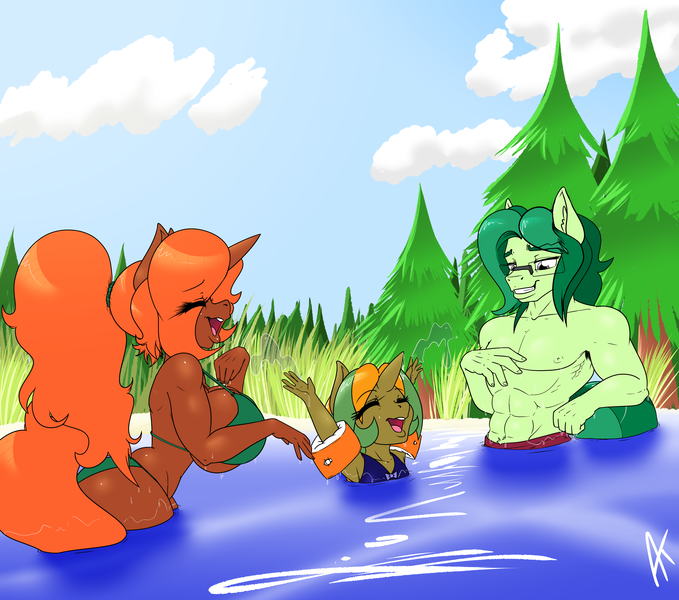 Size: 3000x2650 | Tagged: suggestive, artist:appelknekten, derpibooru import, oc, oc:appel, oc:keepsake, oc:sketchy skylar, unofficial characters only, anthro, earth pony, unicorn, anthro oc, appelskylar, bare chest, big breasts, bikini, breasts, clothes, daughter, dilf, family, father, female, glasses, image, laughing, male, mother, muscles, nipples, nudity, offspring, parent:oc:appel, parent:oc:sketchy skylar, parents:appelskylar, parents:oc x oc, partial nudity, png, swimming, swimsuit, topless