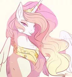 Size: 1280x1369 | Tagged: dead source, safe, artist:clockworkquartet, derpibooru import, princess celestia, alicorn, pony, bedroom eyes, bust, collar, colored pupils, crown, eyeshadow, female, fluffy, grin, horn jewelry, jewelry, looking at you, makeup, mare, necklace, open mouth, pink mane, pink-mane celestia, regalia, signature, simple background, smiling, solo, spread wings