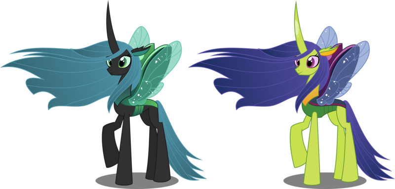 Size: 6000x2880 | Tagged: absurd resolution, alternate version, artist:orin331, changedling, changeling, changeling queen, comparison, derpibooru import, good, happy, purified chrysalis, queen chrysalis, reformed, safe, to where and back again, what if