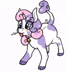 Size: 748x805 | Tagged: safe, anonymous artist, derpibooru import, sweetie belle, cow, 4chan, :p, bell, blushing, cloven hooves, colored, cowbell, cowbelle, cute, diasweetes, drawthread, mlem, nose wrinkle, onomatopoeia, simple background, smiling, solo, species swap, tongue out, white background