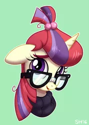 Size: 684x961 | Tagged: safe, artist:sorcerushorserus, derpibooru import, moondancer, pony, unicorn, adorkable, bust, clothes, cute, dancerbetes, dork, female, floppy ears, glasses, looking at you, mare, open mouth, portrait, shy, simple background, smiling, solo, sweater