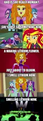Size: 342x960 | Tagged: safe, derpibooru import, edit, edited screencap, screencap, adagio dazzle, aria blaze, sonata dusk, sunset shimmer, twilight sparkle, equestria girls, rainbow rocks, battle of the bands, cropped, exploitable meme, ghost in the shell, ghost in the shell: stand alone complex, image macro, lyrics, meme, mouth hold, negative energy, singing, song reference, text, the dazzlings, under our spell, yoko kanno