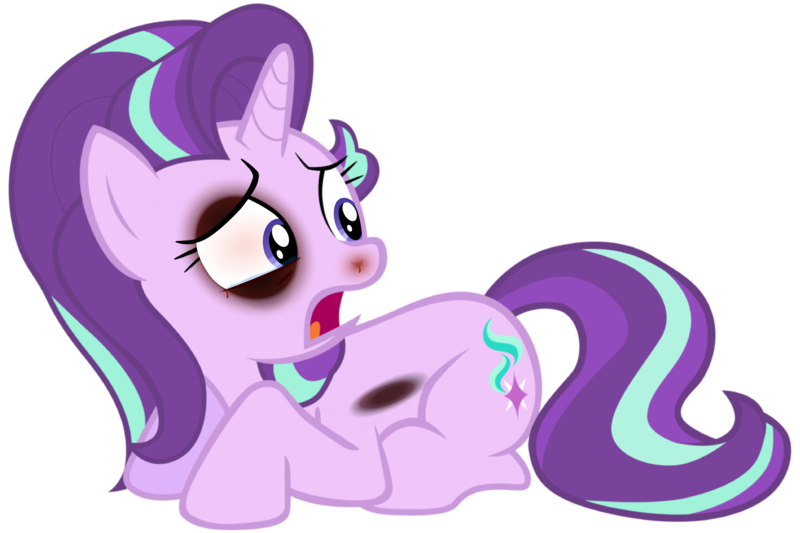 Size: 4563x3042 | Tagged: abuse, abuse edit, artist:tardifice, black eye, blood, bruised, crying, derpibooru import, edit, editor:pontology, glimmerbuse, grimdark, nosebleed, open mouth, prone, scared, simple background, solo, starlight glimmer, terrified, transparent background, vector