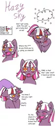 Size: 1636x3765 | Tagged: safe, artist:jolliapplegirl, derpibooru import, oc, oc:hazy sky, unofficial characters only, pony, unicorn, :t, adopted offspring, angry, bandage, beaten up, blood, blushing, bruised, bust, chipped tooth, cussing, dialogue, doodle, eyes closed, floppy ears, foal, lidded eyes, next generation, nosebleed, offspring, open mouth, parent:twilight sparkle, portrait, pouting, ruffled hair, simple background, smiling, solo, sparkle eyes, vulgar, white background, younger