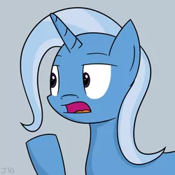 Size: 1600x1600 | Tagged: safe, artist:joey, derpibooru import, trixie, pony, unicorn, bust, gray background, lidded eyes, looking at something, open mouth, portrait, raised hoof, simple background, solo