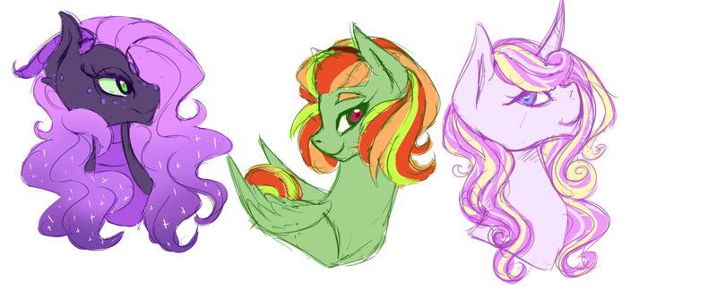 Size: 4695x1901 | Tagged: artist:kittii-kat, bust, colored pupils, derpibooru import, hybrid, interspecies offspring, magical lesbian spawn, oc, oc:pippin apple, oc:shattered gem, oc:shimmering star, offspring, parent:braeburn, parent:rainbow dash, parent:rarity, parents:braedash, parents:rarilight, parents:spiluna, parent:twilight sparkle, portrait, safe, unofficial characters only