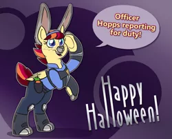 Size: 1239x1000 | Tagged: safe, artist:wiggles, derpibooru import, oc, oc:special delivery, unofficial characters only, pony, bipedal, clothes, costume, equestrian post, halloween, judy hopps, salute, solo, speech bubble, zootopia