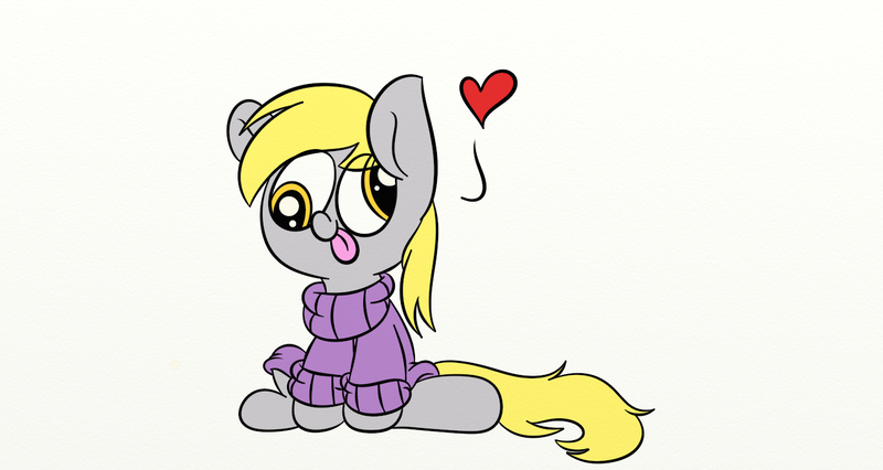 Size: 1366x728 | Tagged: safe, artist:littleflaky, derpibooru import, derpy hooves, pony, clothes, cute, derpabetes, heart, silly, silly pony, simple background, solo, sweater, tongue out