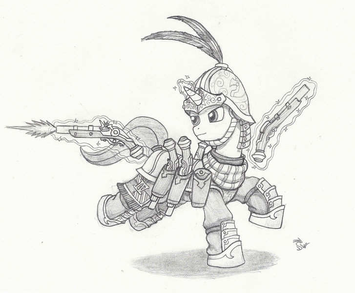 Size: 2126x1754 | Tagged: safe, artist:sensko, derpibooru import, oc, unofficial characters only, pony, unicorn, armor, flintlock, grayscale, gun, helmet, magic, monochrome, pencil drawing, pistolier, simple background, solo, traditional art, twilight's royal guard, weapon, white background