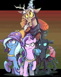 Size: 3000x3766 | Tagged: safe, artist:tyuubatu, derpibooru import, discord, starlight glimmer, thorax, trixie, changeling, draconequus, pony, unicorn, to where and back again, backpack, frown, raised hoof, reformed four, worried