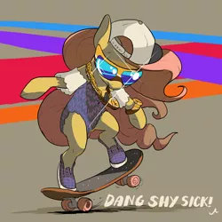 Size: 5600x5600 | Tagged: safe, artist:docwario, derpibooru import, fluttershy, pony, abstract background, absurd resolution, backwards ballcap, balancing, bipedal, cap, clothes, gold chains, hat, shiny, skateboard, skateboarding, solo, sunglasses, watch, wristwatch