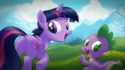 Size: 3840x2160 | Tagged: safe, artist:lamar_bone, derpibooru import, spike, twilight sparkle, twilight sparkle (alicorn), alicorn, pony, cloud, looking at you, looking back, meadow, mountain, mountain range, open mouth, plot, running, underhoof