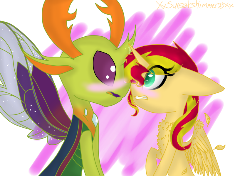 Size: 3200x2400 | Tagged: safe, artist:xxsunsetshimmer23xx, derpibooru import, sunset shimmer, thorax, alicorn, changedling, changeling, pony, to where and back again, alicornified, blushing, crack shipping, king thorax, male, race swap, shimmercorn, shipping, straight, thorashimmer, why, why not