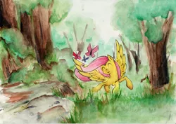 Size: 2000x1417 | Tagged: artist:ecmonkey, butterfly, derpibooru import, eyes closed, fluttershy, forest, prancing, safe, smiling, solo, spread wings, traditional art, watercolor painting