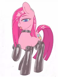 Size: 960x1280 | Tagged: suggestive, artist:lonelycross, derpibooru import, pinkie pie, clothes, collar, dominatrix, ear piercing, earring, evening gloves, female, gloves, hair over one eye, image, jewelry, jpeg, kinkamena, kinkie pie, latex, latex gloves, latex stockings, leather, long gloves, piercing, pinkamena diane pie, solo, solo female, stockings, tongue out