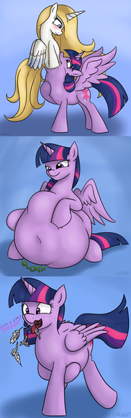 Size: 1197x3797 | Tagged: grimdark, questionable, artist:variant, derpibooru import, twilight sparkle, twilight sparkle (alicorn), oc, oc:angelissa, alicorn, pony, alicorn oc, belly, burp, death, digestion, drool, fetish, implied oc, impossibly large belly, open mouth, same size vore, stomach noise, throat bulge, tongue out, twipred, vore, weight gain, willing vore