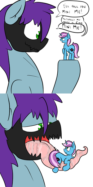 Size: 800x1600 | Tagged: questionable, artist:happydeadpony, derpibooru import, oc, oc:gyro tech, oc:teb, unofficial characters only, unicorn, dialogue, drool, imminent vore, micro