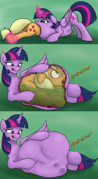 Size: 1663x3031 | Tagged: grimdark, questionable, artist:variant, derpibooru import, applejack, twilight sparkle, twilight sparkle (alicorn), alicorn, pony, belly, belly button, betrayal, digestion, drool, fetish, head first, imminent death, licking, licking lips, looking at you, magic, post-vore, same size vore, smiling, stomach acid, stomach noise, struggling, throat bulge, tongue out, twipred, vore, weight gain