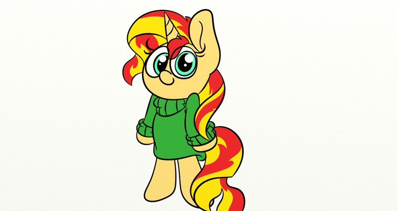 Size: 1366x728 | Tagged: safe, artist:littleflaky, derpibooru import, sunset shimmer, pony, unicorn, bipedal, clothes, cute, female, looking at you, mare, shimmerbetes, simple background, smiling, solo, sweater, white background