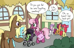 Size: 2800x1800 | Tagged: safe, artist:skitter, color edit, derpibooru import, edit, apple bloom, cheerilee, scootaloo, sweetie belle, oc, oc:anonfilly, earth pony, pegasus, pony, unicorn, colored, cutie mark crusaders, diaper, female, filly, male, mare, stallion