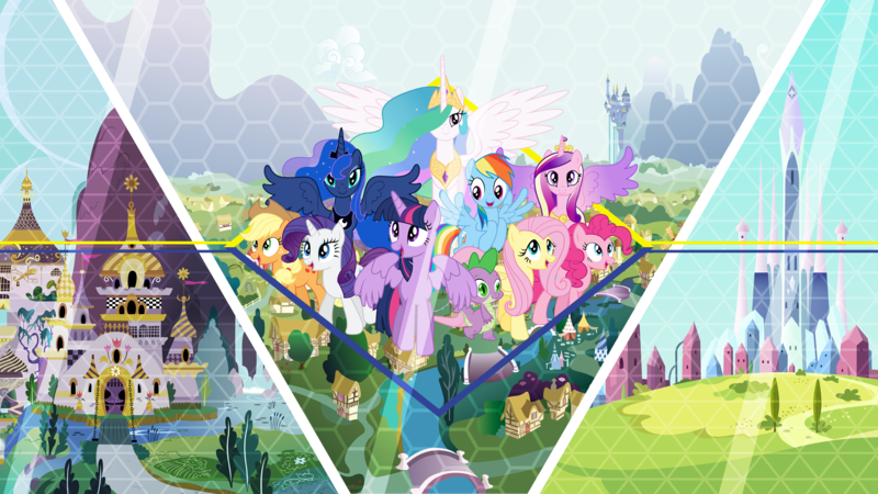 Size: 3840x2160 | Tagged: safe, artist:3luk, artist:hellswolfeh, artist:laszlvfx, artist:mlp-vector-collabs, artist:theshadowstone, derpibooru import, edit, applejack, fluttershy, pinkie pie, princess cadance, princess celestia, princess luna, rainbow dash, rarity, spike, twilight sparkle, twilight sparkle (alicorn), alicorn, pony, canterlot, canterlot castle, crystal empire, group shot, mane six, ponyville, vector, wallpaper, wallpaper edit