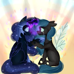 Size: 1024x1024 | Tagged: alicorn, artist:albinnada, artist:twishtwishy, changeling, changeling queen, crying, derpibooru import, eye contact, female, looking at each other, missing cutie mark, nightmare moon, queen chrysalis, safe