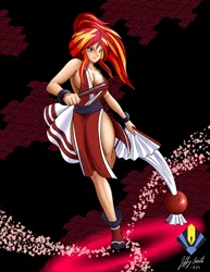 Size: 5100x6600 | Tagged: safe, artist:penspark, derpibooru import, sunset shimmer, human, equestria girls, absolute cleavage, absurd resolution, ami koshimizu, breasts, busty sunset shimmer, cleavage, clothes, cosplay, costume, crossover, fatal fury, female, humanized, king of fighters, mai shiranui, solo, voice actor joke