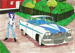 Size: 6973x4948 | Tagged: safe, artist:metaldudepl666, derpibooru import, rarity, equestria girls, absurd resolution, belt, boots, car, clothes, image, jeans, jpeg, pants, plymouth, plymouth fury, shoes, solo, traditional art