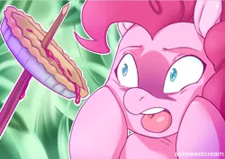 Size: 742x524 | Tagged: safe, artist:mlpfwb, derpibooru import, pinkie pie, earth pony, pony, secrets and pies, female, food, food gore, horrified, impalement, mare, oh the humanity, pie, solo, that pony sure does love pies