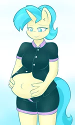 Size: 1465x2434 | Tagged: allie way, anthro, artist:lamia, belly, belly button, big belly, clothes, derpibooru import, pregnant, safe, smiling, solo