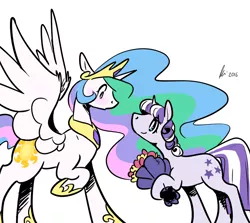 Size: 1280x1143 | Tagged: safe, artist:rwl, derpibooru import, princess celestia, twilight velvet, alicorn, pony, unicorn, fanfic, fanfic:just like old times, blushing, bouquet, crack shipping, fanfic art, female, floppy ears, lesbian, looking at each other, looking down, looking up, mare, open mouth, raised hoof, shipping, simple background, smiling, spread wings, velestia, white background