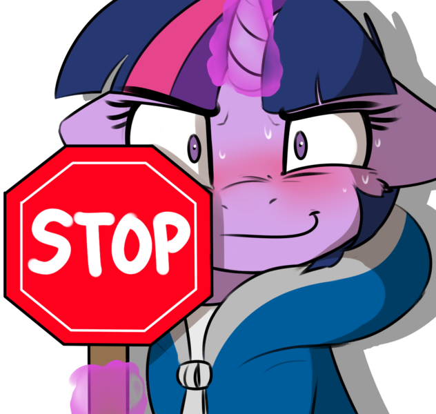 Size: 1200x1139 | Tagged: artist:captainpudgemuffin, blushing, clothes, derpibooru import, edit, floppy ears, hoodie, horn, jacket, levitation, looking at you, magic, octagon, safe, sans (undertale), sign, simple background, smiling, solo, stop, stop sign, sweat, telekinesis, transparent background, twilight sparkle, undertale, zipper