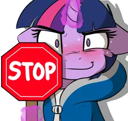 Size: 1200x1139 | Tagged: artist:captainpudgemuffin, blushing, clothes, derpibooru import, edit, floppy ears, hoodie, horn, jacket, levitation, looking at you, magic, octagon, safe, sans (undertale), sign, simple background, smiling, solo, stop, stop sign, sweat, telekinesis, transparent background, twilight sparkle, undertale, zipper