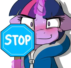 Size: 1200x1139 | Tagged: artist:captainpudgemuffin, blushing, clothes, derpibooru import, edit, floppy ears, hoodie, levitation, looking at you, magic, octagon, safe, sans (undertale), simple background, smiling, solo, stop, stop sign, sweat, telekinesis, transparent background, twilight sparkle, undertale, wide eyes