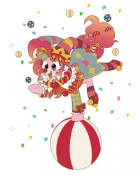 Size: 1024x1280 | Tagged: safe, artist:umeguru, derpibooru import, pinkie pie, ponyacci, earth pony, pony, balancing, ball, bouncy ball, clothes, clown makeup, clown nose, costume, female, jester, jester pie, juggling, mare, open mouth, pixiv, raised hoof, ruff (clothing), solo, underhoof